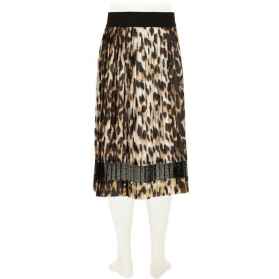 Girls leopard print pleated midi skirt